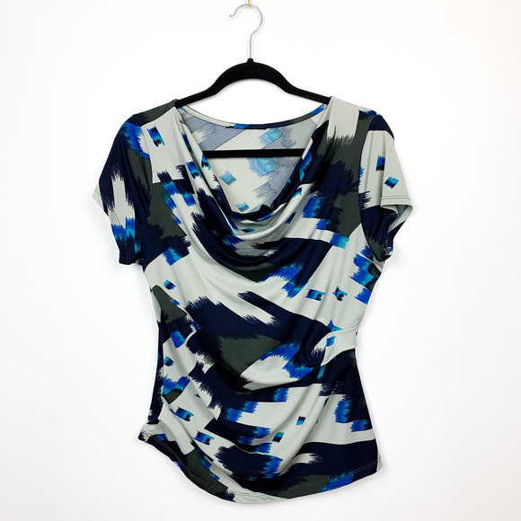 Grey Black & Blue Patterned Cowl Neck Blouse - Picture 1 of 9